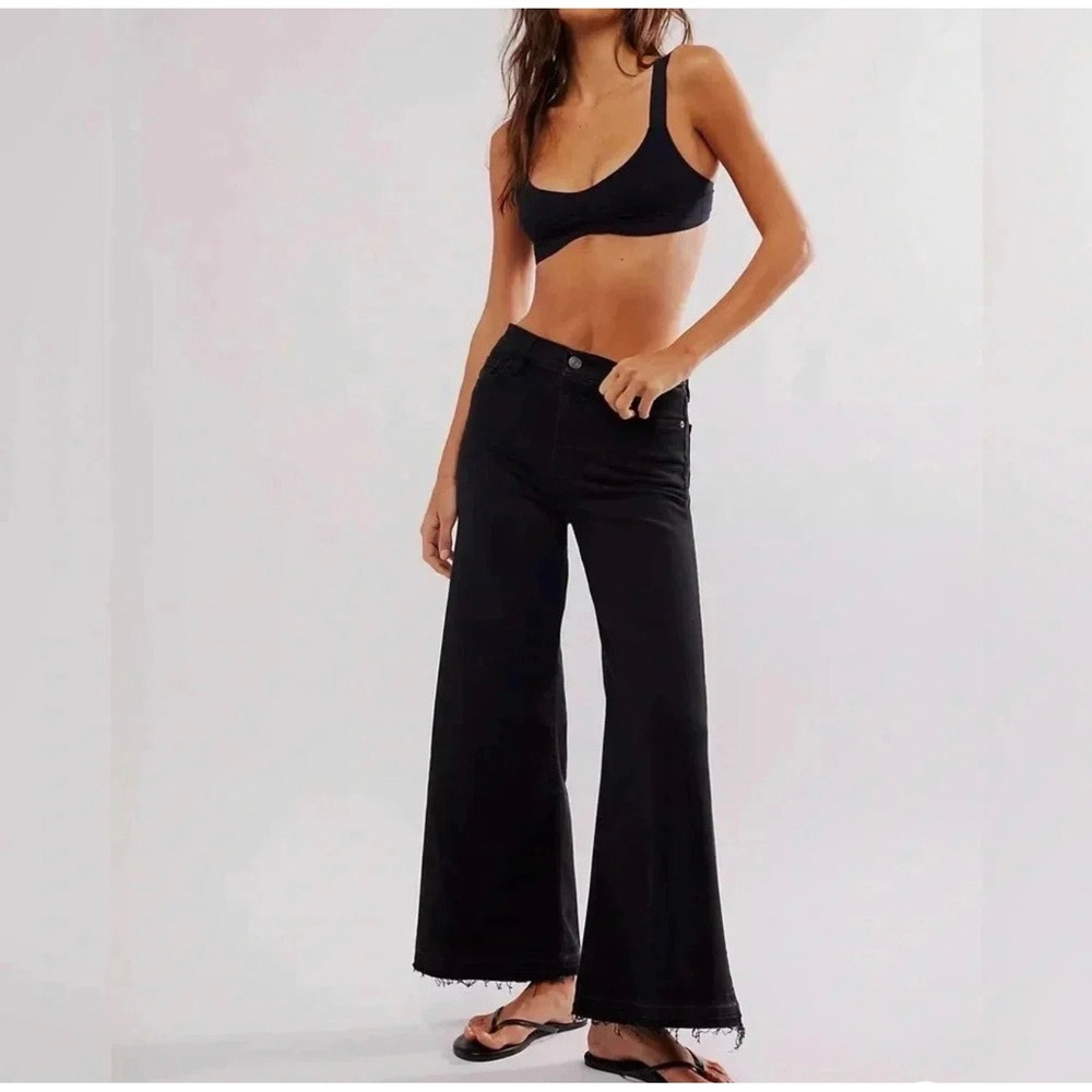FRAME‎ Le Palazzo Crop High Rise Wide Leg Jeans Tilt Raw After Black Size 26